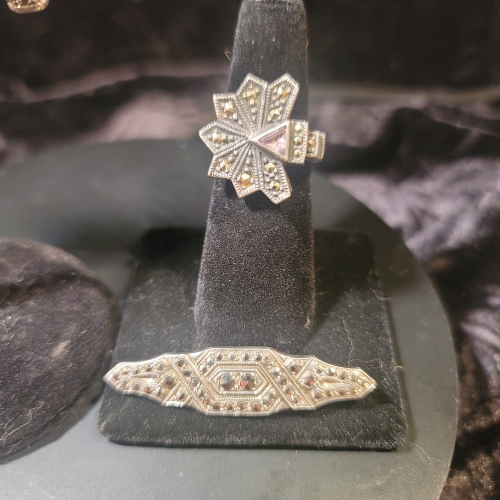 0514.Marcasite Set w/ Amythyst In Elegant 925 Silver Jewelry for Art Deco Lovers - Picture 5 of 15